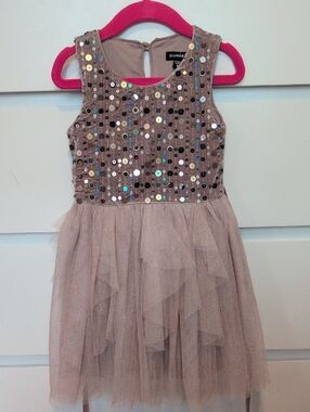 Zunie Taupe Sequin Embellished Dress with Hot Pink Lining